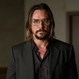 Bono wearing his Fly Glasses as the captain in Firefly sci-fi tv show, gritty