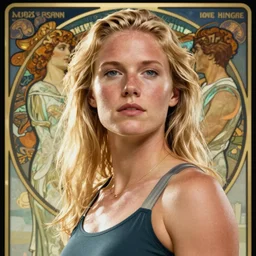 blonde danish sports woman portrait by louis - theophile hingre and alphonse mucha, realistic, sharp focus, art nouveau, smart, wisdom, power, swimming