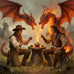 Tea ceremony between a Western cowboy and a fire-breathing dragon, high fantasy concept art by Mark Winters