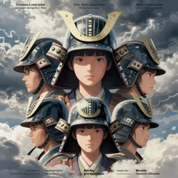 poster of a girl with samurai helmets in the style of cowboy bebop, calm, fantasy character portrait, dynamic pose, above view, sunny day, thunder clouds in the sky, artwork by jeremy lipkin and giuseppe dangelico pino and michael garmash and rob rey and greg manchess and huang guangjian and makoto shinkai, very coherent asymmetrical artwork, sharp edges, perfect face, simple form, 1 0 0 mm