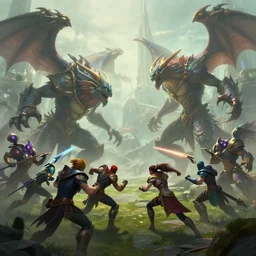 huge scene, hyperrealism fantasy creatures fight scene with characters from league of legends portrait, digital art, wallpaper of an fantasy fight, background of sci fi city in fog, diffused lighting, 8 k dop hdr