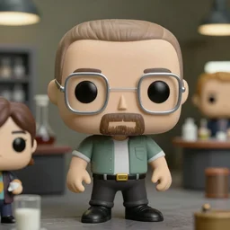 beautiful three point perspective film still of happy funko pop walter white meth lab in breaking bad, extreme closeup portrait in style of frontiers in miniature porcelain photography fashion seinen manga edition, miniature porcelain portrait, eye contact, tilt shift style scene background, soft lighting, kodak portra 4 0 0, 8 k, macro, cinematic style by emmanuel lubezki