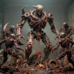 movie still of flayed god machines, each battle chaotic crustacean revenants, intricately macerated by age, sentient, dethroned goliath machine, blood turbines, hydrocracking battles, rusted, macerated, eviscerated by fimbria wires, bicornate fungal pit, neon, trash patina sheen rotting, by alberto bontempi,