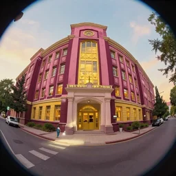 urban technical university campus, street view up, fish eye lens, studio ghibli, rossdraws, denys cowan, epic composition, realistic, hd, pink and maroon and gold and varsity yellow color palette, ismail inceoglu, square enix, flashlight lit,