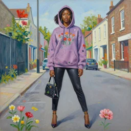 painting by jenny saville of stella maxwell wearing a hoodie standing in a township street in the style of jenny saville, street fashion outfit, haute couture fashion shoot, full figure painting by jenny saville, decorative flowers, 2 4 mm, die antwoord yolandi visser