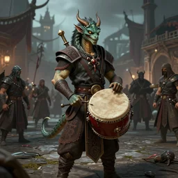 Male Human-Naga hybrid bard holding a drum, ornately dressed, standing in populated Baldur\'s Gate city square, hyperdetailed, artstation, cgsociety, 8k