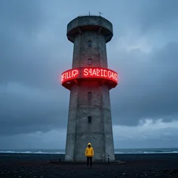 a concrete tower on a icelandic beach, big red neon sign, a small character wearing a yellow hoodie standing in the front, cloudy day, blue hour, by filip hodas, by simon stalenhag, cinematic, dramatic light concept art, matte painting, trending on artstation, dystopia