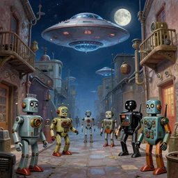 1 9 5 0 s scifi, tin toy robots, ufo, flying saucer, moon, meninblack, steampunk, alley, streets, walter sickert, earl norem, hyper realistic, artstation, illustration, digital paint, matte paint, vivid colors, detailed and intricate environment