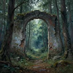 A ruined portal with a spiritual and mystical sound in a forest by Howard Arkley, Anton Fadeev and Dan Mumford