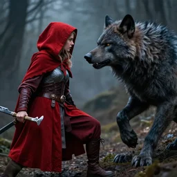 red riding hood warrior fights a werewolf, highly detailed, dramatic lighting, cinematic, 4k
