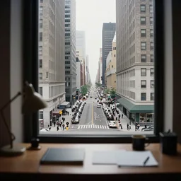 award winning photo of a street in new york, view from a skyscraper's window through a desk, by saul leiter, street photography, wide view, high aperture, ultra detailed, beautiful, real, extremely precise, elegant