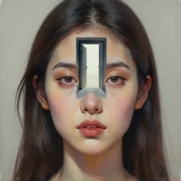 painting of a beautiful woman's face, doorway to another world in the middle of her forehead, digital art
