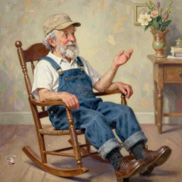 a painting of grandpa yocheved avigayil batya tzfira wearing overalls on a rocking chair, telling stories, cute and wonderful vivid painting