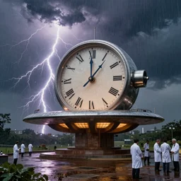 a complex time machine designed by frank lloyd wright, sitting on a dias, lightning, rain, wild, people in lab coats, photo, highly realistic,