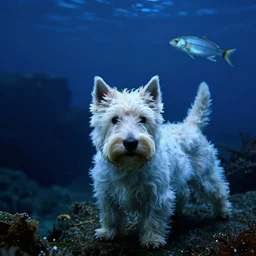 hyperrealist photo of westie fish underwater dark ocean, blue lighting, floating fish by freud and victo ngai and alphonse mucha very detailed faces
