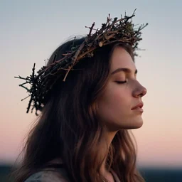 woman's profile, long hair, closed eyes, wearing a twig crown by rembrandt and robert frank. masterpiece. hq. detailed. moody. gradient pastel color background. cinematic. Ektar 100 film.