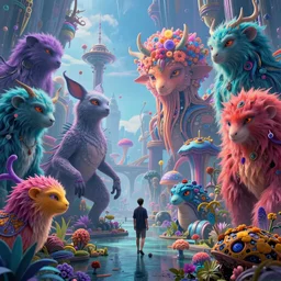 a fantastic world with fantastic beings, fulcolor psychedelic, 16 K 3D ultrarealistic futuristic utopian and dystopian art, cry engine