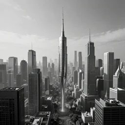 dystopian city in the style of dr woo, thing line, single needle, monochromatic, 8 k