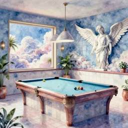 vaporwave 8 0's tile pool room, by beeple, windows, 3 d rendering, fantasy lut, epic composition, sci - fi, beautiful clouds, surreal, angelic, roman marble statue, cinematic, 8 k, unreal engine, photorealistic, watercolor, fantasy concept art, palm trees