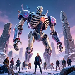 massive skeletal robot over stone temple ruins in winter mountaintops, synthwave, bright neon colors, highly detailed, cinematic, tim white, vladimir kush, philippe druillet, roger dean, bob eggleton, michael whelan, boris vallejo, alfred kelsner, kubrick, jaroslaw jasnikowski
