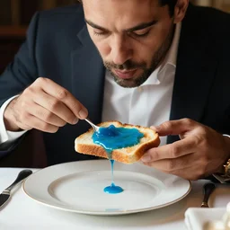 photography of a fancy elegant gentleman eating a toast with blue liquid spread over it,