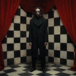 extremely detailed movie shot portrait of a dark bizarre figure standing in the corner of a checkerboard checkerboard room by denis villenueve, yves tanguy, lovecraft, roger dean, amano, ridley scott, david lynch, closeup dynamic composition, rich moody colours, red drapes