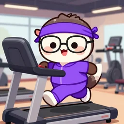 epic professional digital cartoon illustration of a cute and adorable smiling cartoon anteater with glasses and a purple sweatband, wearing a purple sweatsuit, running on a treadmill in a gym, best on artstation, cgsociety, Behance, cosmic, epic, stunning, gorgeous, flat colours, much wow, masterpiece