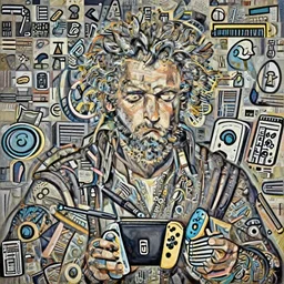 Portrait of a man playing with his Nintendo Switch. Painting by Rembrandt. Intricate details. hyper realism. Masterpiece.