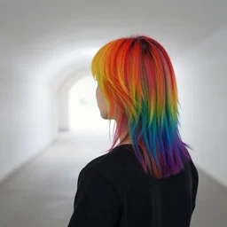 a person with rainbow hair staring into a bright light at the end of a tunnel