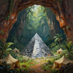 a lone chrome pyramid sits inside a rusted cave mouth in the jungle, matte oil painting, merchant tents, ancient world, canyons, science fantasy, rpg, epic, extremely detailed, sharp focus, 4 k