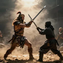 barbarian warrior swordfighting a thief, cinematic, movie still