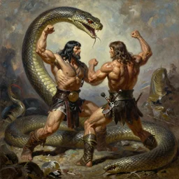 oil painting of conan the barbarian fighting a giant snake, by mike hoffman