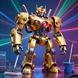 portrait photo of a giant huge golden and blue metal steampunk robot with gears and tubes, robot is made of vaccuumcleaner, on the wet floor are mop and bucket, eyes are glowing red lightbulbs, shiny crisp finish, 3 d render, 8 k, insaneley detailed, fluorescent colors, background is multicolored lasershow