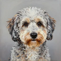 a handsome portrait of an aussie doodle pup, oil on canvas, high budget