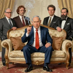 a political caricature of netanyahu smoking a cigar while sitting on a beautiful sofa, highly detailed, masterpiece, by achille superbi, paddy boehm, tom richmond, alarcon caricaturista, drew struzan, gildhardho, soy fan de quino,