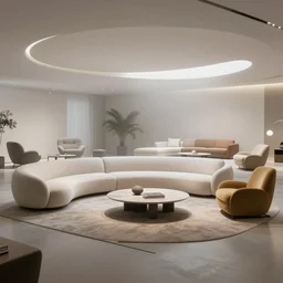 critically acclaimed furniture design collection from the year 2050, futuristic, shown in a showroom, foggy light, impressive, 8k, highly detailed