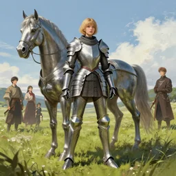 full body girl medieval armor ccyborg and one metal horse landscape of meadow poses by gaston bussiere, anna nikonova aka newmilky, greg rutkowski, yoji shinkawa, yoshitaka amano, tsutomu niehi, moebius, donato giancola, geoffroy thoorens, concept art, trending on artstation, featured on pixiv, cinematic composition, 8 k