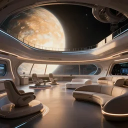 ultra modern concept of a vast spaceship interior,  futuristic chairs and sofas can be seen in the foreground, the warm light of a large planet enters from a window, wide angle shot, Leica Summicron-T 23 mm f/2
