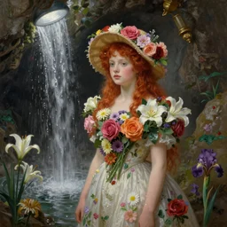 oil painting, romanticism, redheaded girl wearing a hat of flowers and dress of fresh flowers, decorated with flowers, waterfall cave, roses, lilies, chrysanthemums, irises, water drops, water jets, overhead light, 4 k, 8 k
