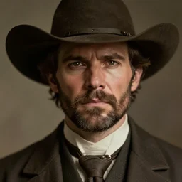 real-life face portrait short stubble beard cowboy skinny masculine Roger Clark as Arthur Morgan furrowed brown from red dead redemption 2 dramatic lighting late 1800s Daguerreian photo by Mathew Brady