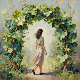 leaf arch, woman walking, intricate oil painting by greg rutkowski, trending on artstation