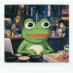 a film still polaroid portrait of a 1 9 8 0's pepe the frog working at a vinyl stall, finely detailed features, closeup at the faces, perfect art, busy cyberpunk city, gapmoe yandere grimdark, trending on pixiv fanbox, painted by ilya kushinov makoto shinkai takashi takeuchi studio ghibli, akihiko yoshida
