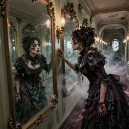 a beautiful victorian woman is frightened by her zombie twin in a mirror. she is in a long hallway of mirrors. victorian interior, with many mirrors, twins, elegant design, haunting atmosphere, dark lighting, gothic, horror style, scary, swirling fog, volumetric lighting, by greg rutkowski, realistic, dutch angle, zombies