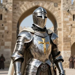 man looking forward in iron decorated with gold christian crusader plate armor, cylindrical crusader great helm covering all his head and white cape covering his back and arm standing at the gates of jerusalem drawn by greg rutkowski realistic high detail