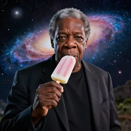 a cinematic still of neil degrasse tyson eating a popsicle, galaxy, ((octane render, nvidia raytracing demo)), masterpiece, ((monster))