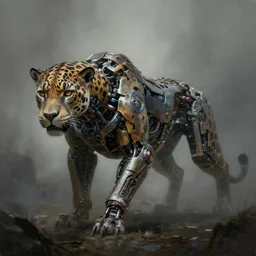 beautiful painting by jeremy mann, a mechanical jaguar creature of horizon forbidden west horizon zero dawn, concept art by artgerm and greg rutkowski, fantasy, desaturated, ominous, unsettling, sharp focus, octopath traveler, unreal engine highly rendered, global illumination, dramatic lighting, misty