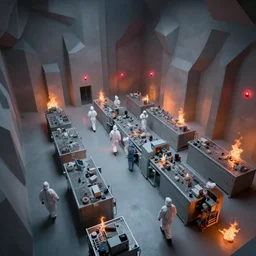underground lab filled with flames, MC Escher style architecture, sterile, human farm, staff wearing hazmat suits running, unknown location, photo taken from above, red alert lights up the walls, light and shadows, concept art