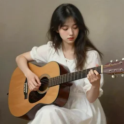 a beautiful girl with white dress playing the guitar, realistic painting, high definition, digital art, matte painting, very detailed, realistic