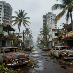 wide angle shot of dilapidated fallout 5 tropical coastal city in real life, desolate, dilapidated, empty streets, nightmarish, some rusted retro futuristic fallout vintage style parked cars, overcast, blankets of fog pockets, rain, volumetric lighting, photorealistic, daytime, autumn, sharp focus, ultra detailed, cgsociety