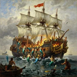 mermaids and sirens raid an enourmous pirate ship and attack everyone onboard, sinking the ship which is on fire, masterpiece veduta painting by bob ross and albert bierstadt and william turner, oil painting
